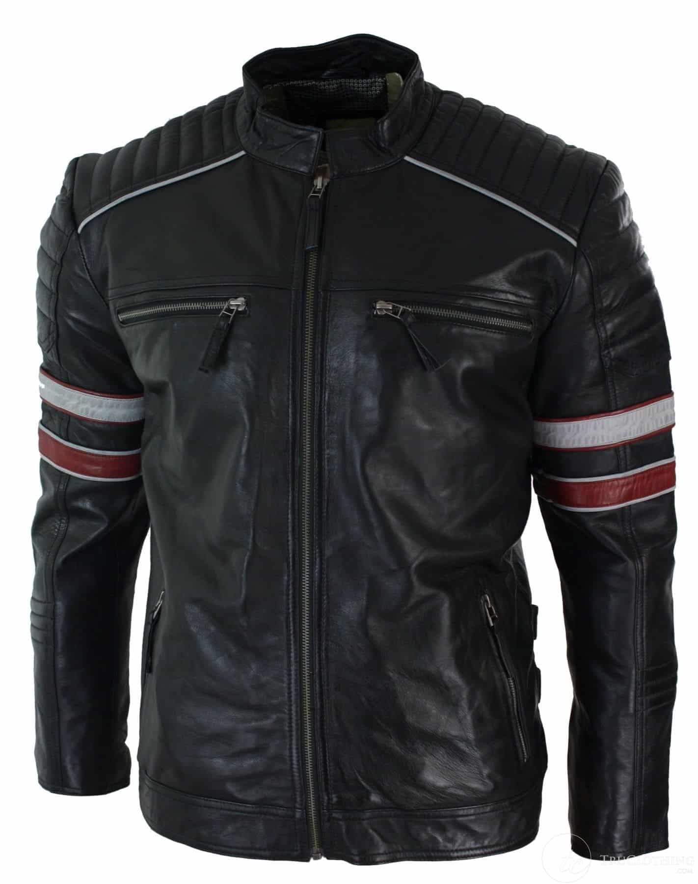 Real Leather Black Racing Mens Biker Jacket Red White Stripes Casual Fit