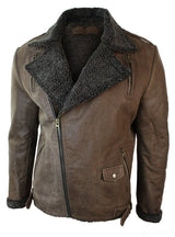 Mens Black Cross Zip Real Leather Biker Jacket Fleece Lined Fitted Smart Casual-Brown