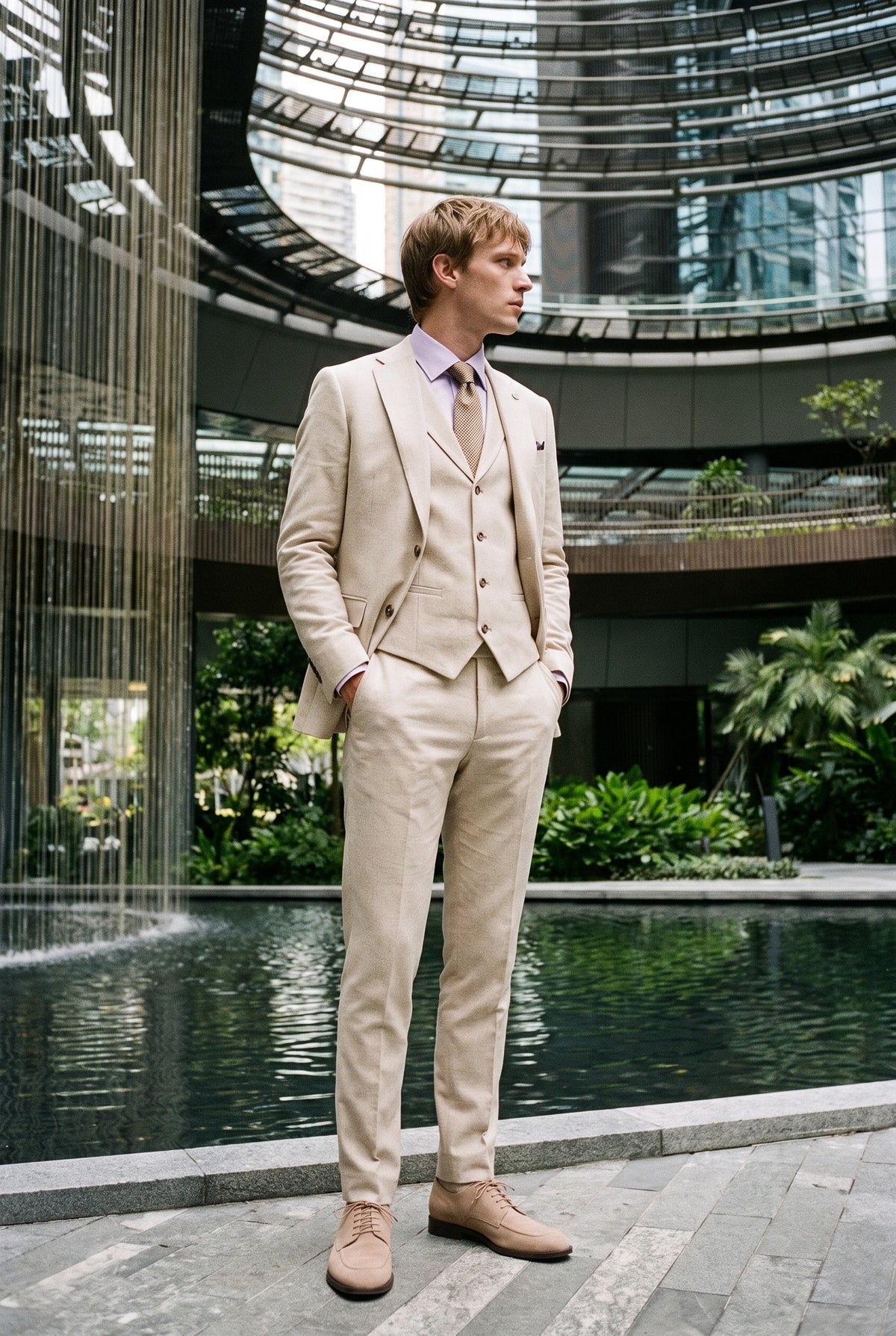 Look #948 styled with TP-21 Heren beige 3-delig linnen zomertrouwpak