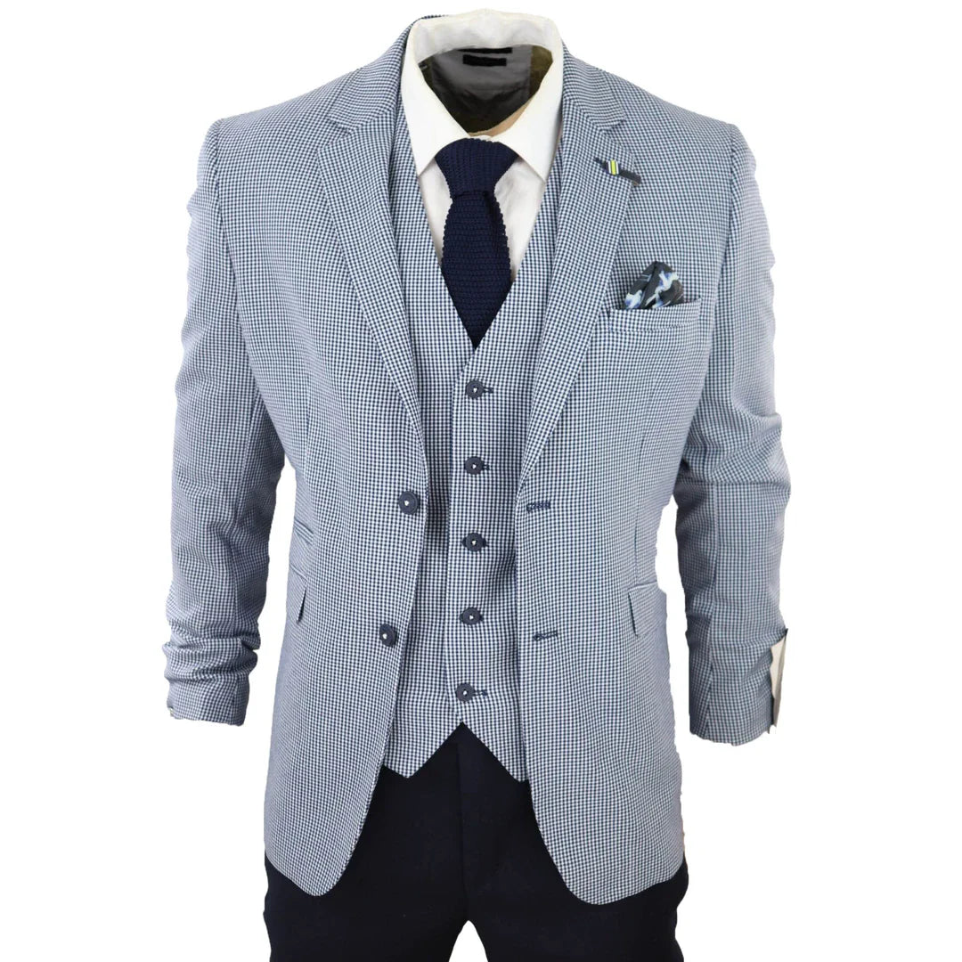 Baresi Men's 3-Piece Grey and Navy Contrasting Classic Summer Check Suit
