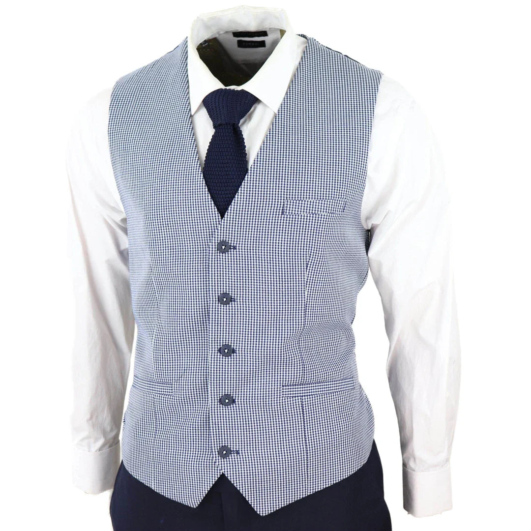 Baresi Men's 3-Piece Grey and Navy Contrasting Classic Summer Check Suit