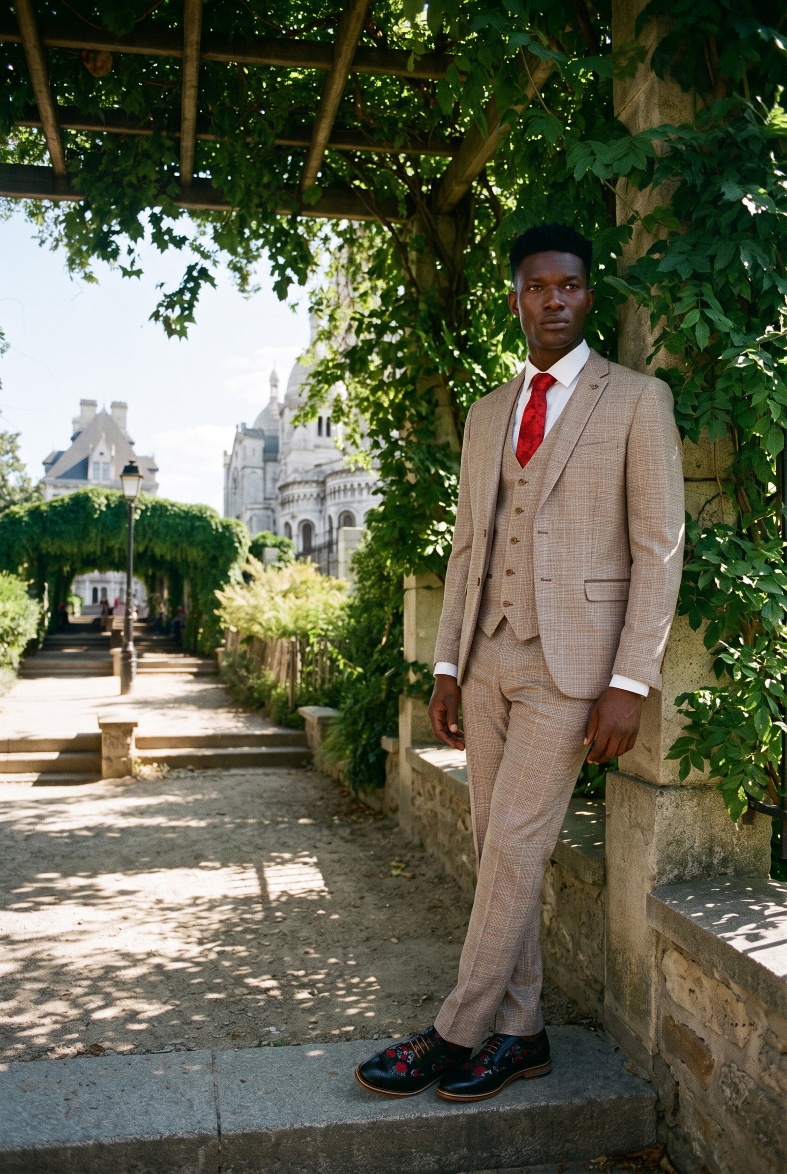 Look #215 styled with Paul Andrew Holland - Heren geruit tweed beige bruin 3-delig pak bruiloft gala vintage retro klassiek