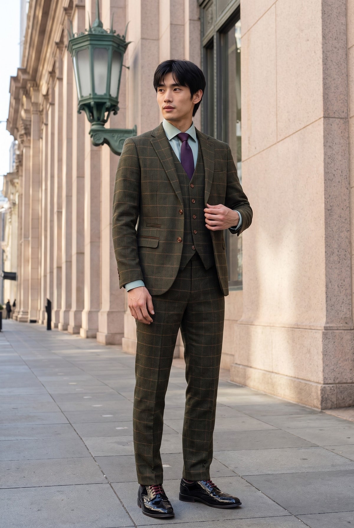 Look #509 styled with Harris - Groen 3-delig wollen tweedpak voor heren