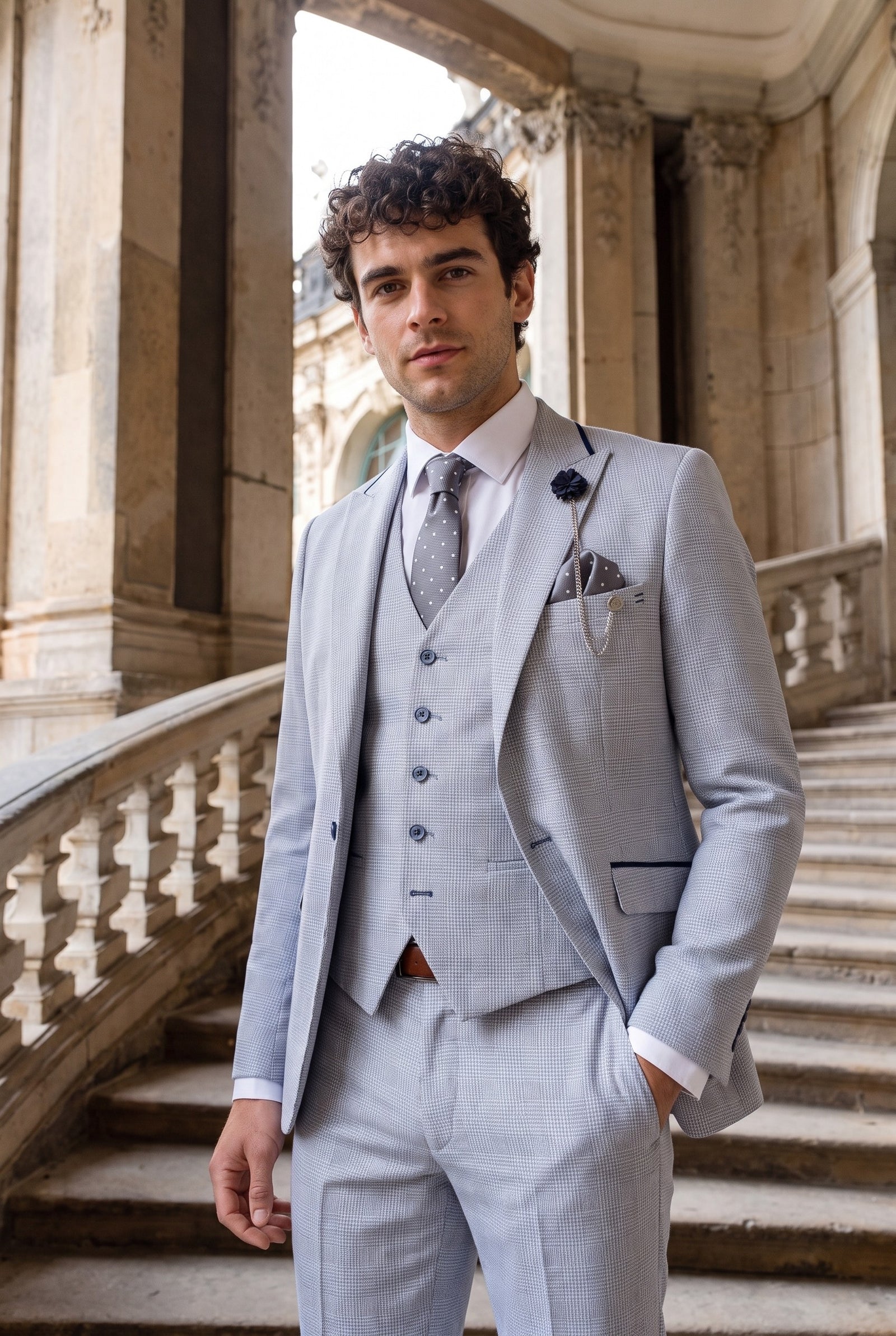 Look #950 styled with Heren 3-delig geruit pak van tweed lichtblauw, op maat gemaakt, Peaky Classic voor bruiloften