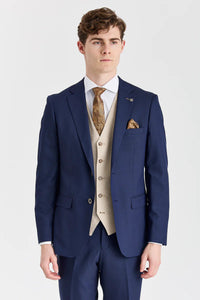 Belmont marineblauw pak met contrasterend Belmont beige vest.