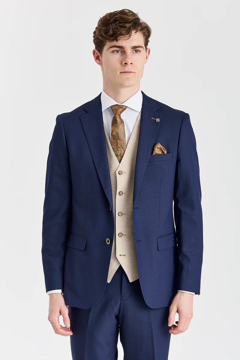 Belmont marineblauw pak met contrasterend Belmont beige vest.