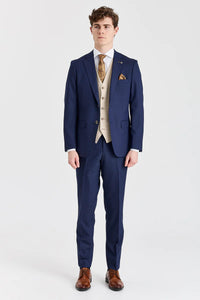 Belmont marineblauw pak met contrasterend Belmont beige vest.