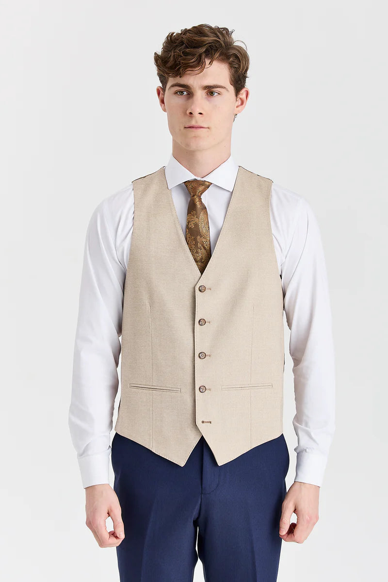 Belmont marineblauw pak met contrasterend Belmont beige vest.