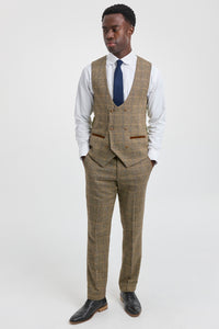 Heren 3-delig visgraat tweed bruin geruit pak, getailleerde pasvorm, dubbele klassieke pasvorm