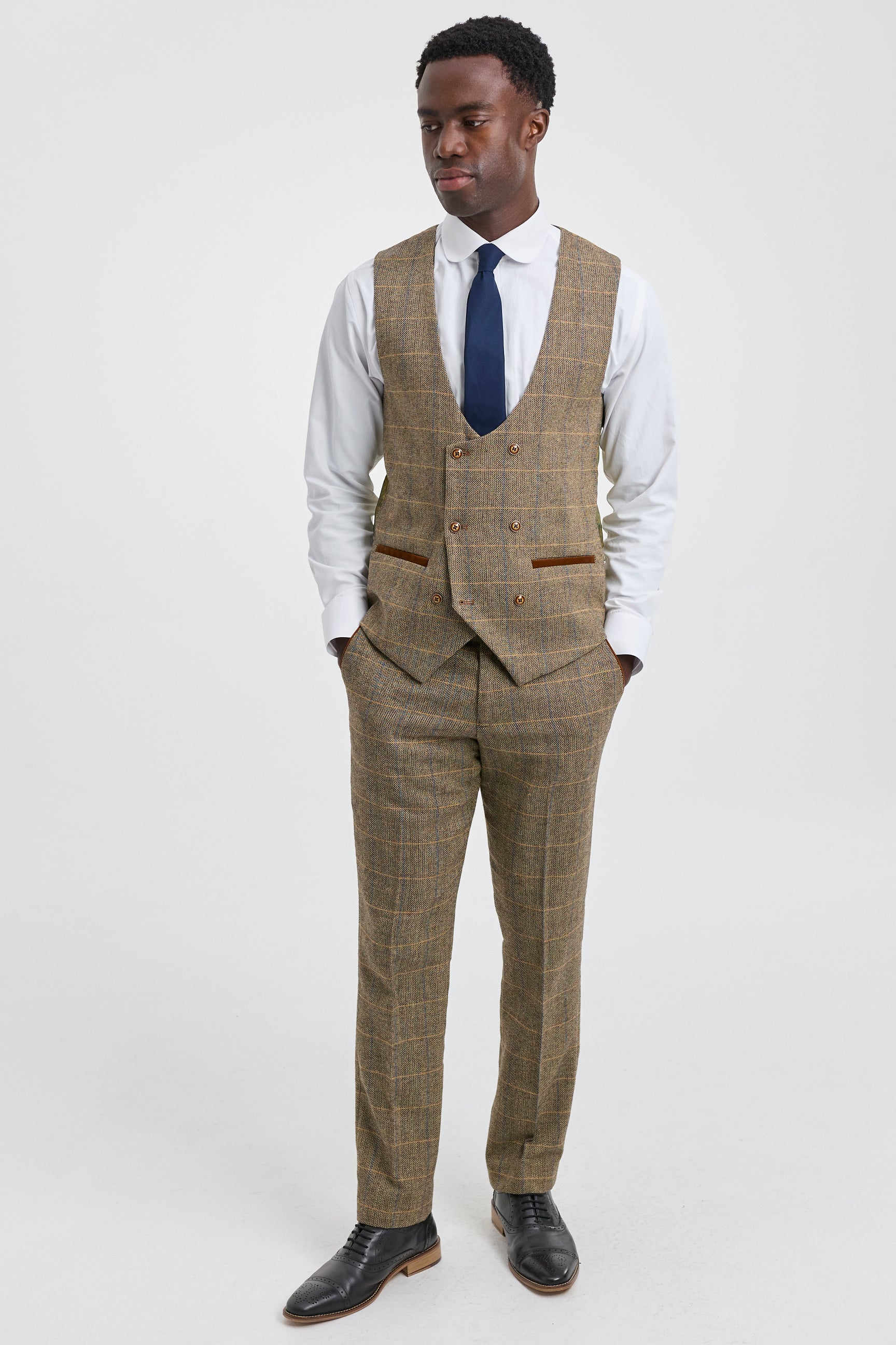 Heren 3-delig visgraat tweed bruin geruit pak, getailleerde pasvorm, dubbele klassieke pasvorm