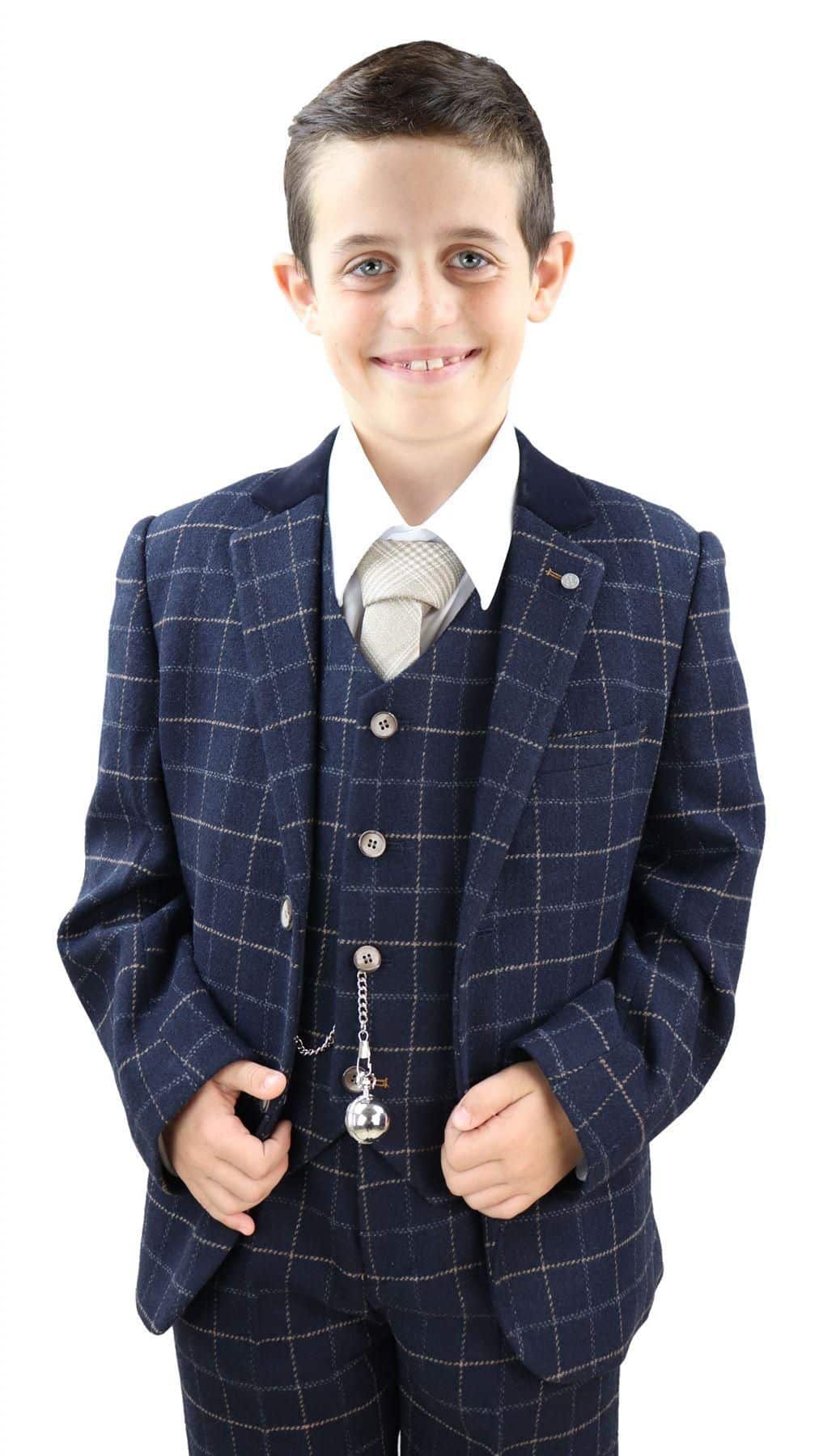 Boys Navy-Blue Check 3 Piece Suit - Peaky Blinders Suit Shelby