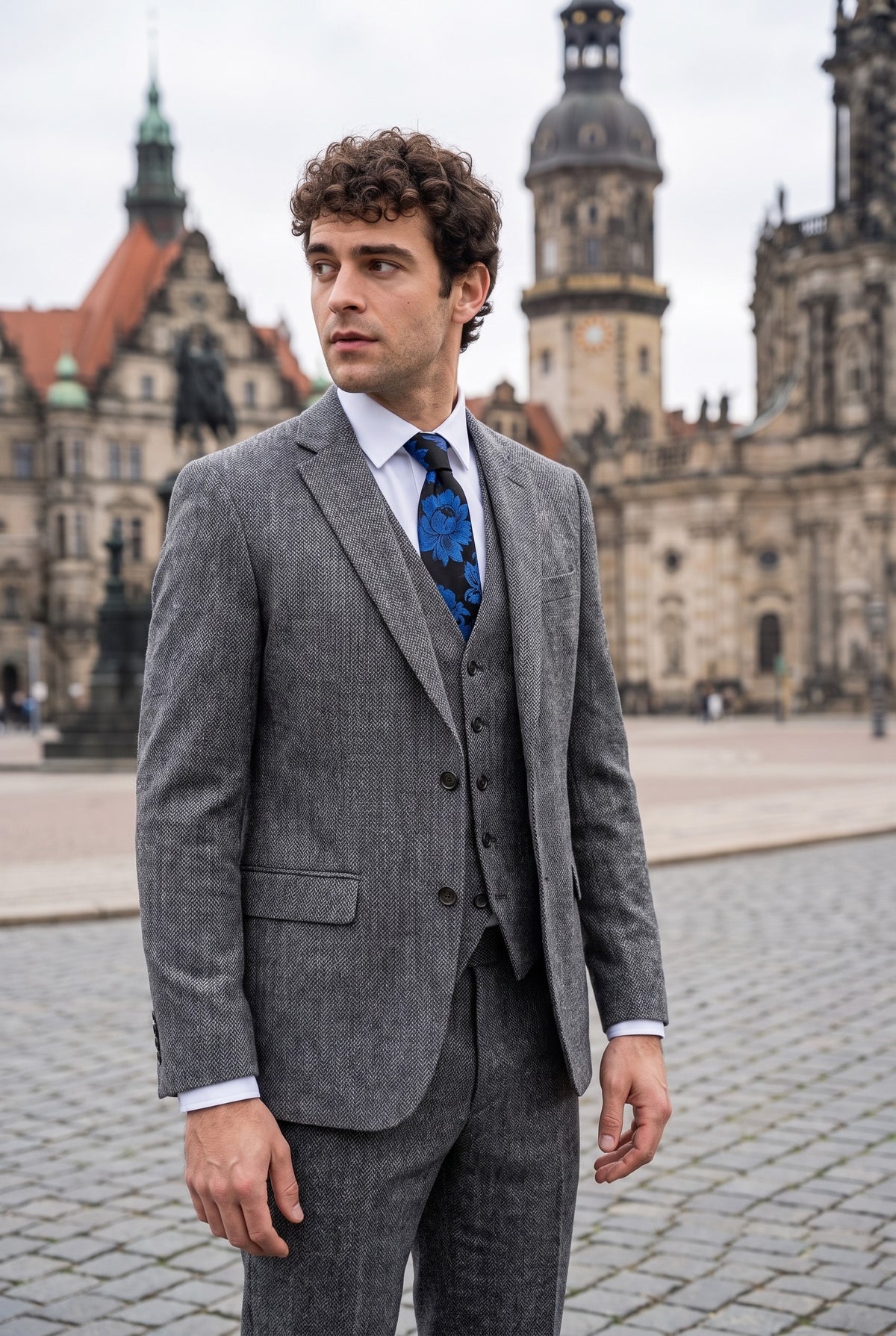 Look #974 styled with IM41 - Grijs 3-delig visgraat tweedpak voor heren