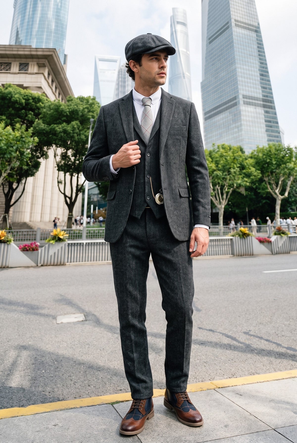 Look #882 styled with Heren antracietgrijs 3-delig tweed visgraatpak - STZ11