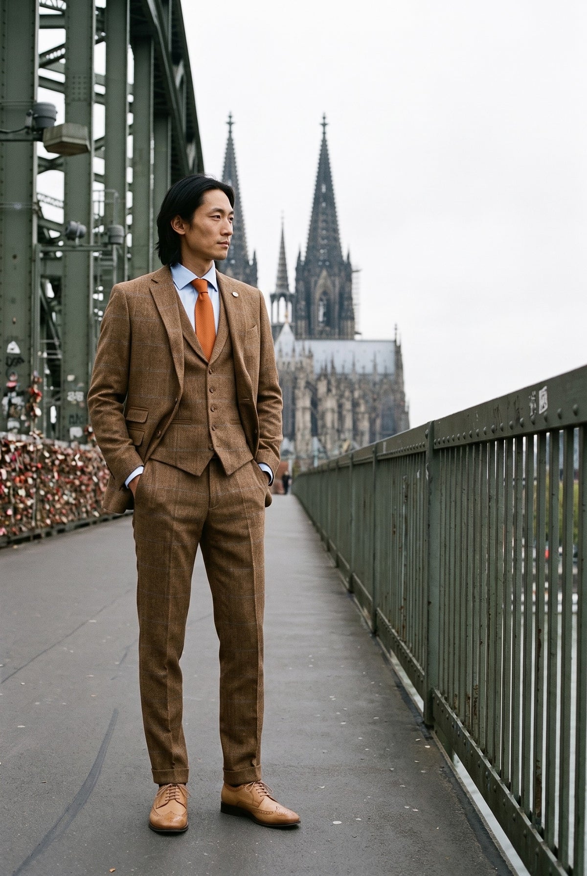 Look #982 styled with Heren 3-delig pak wollen tweed visgraat bruin blauw ruit jaren 20 Gatsby