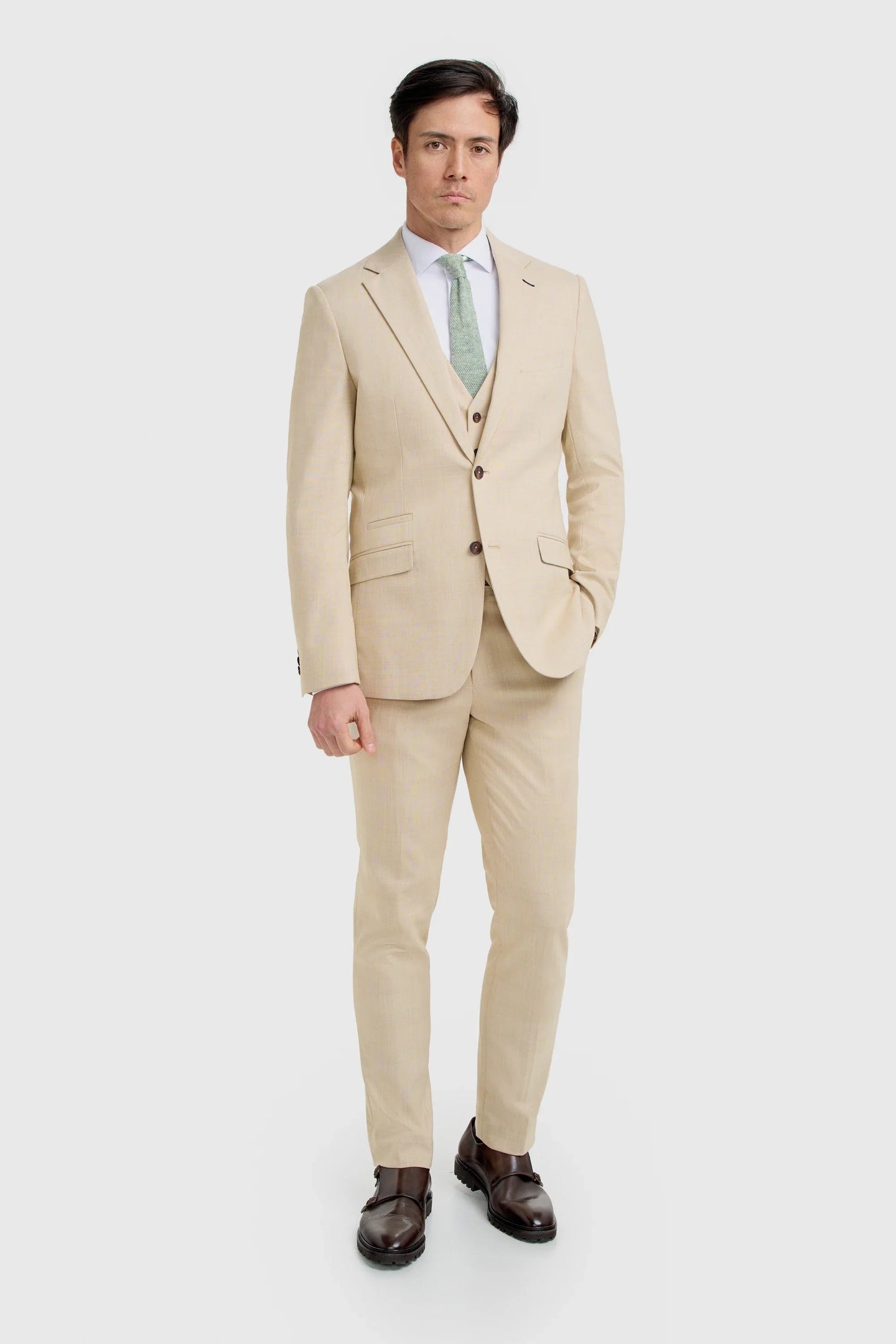 Camden - Beige driedelig pak met ruitpatroon voor heren