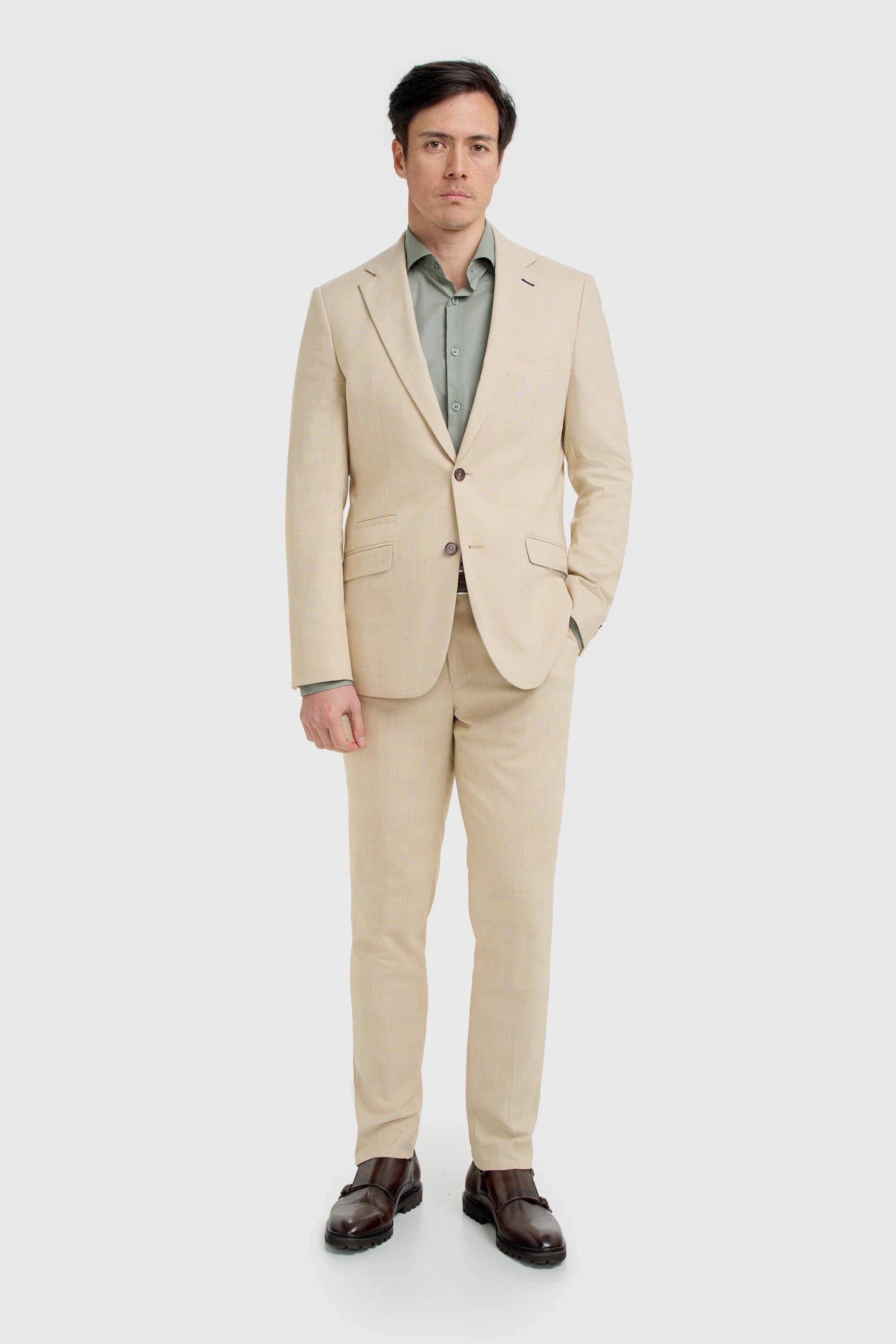 Camden - Beige driedelig pak met ruitpatroon voor heren