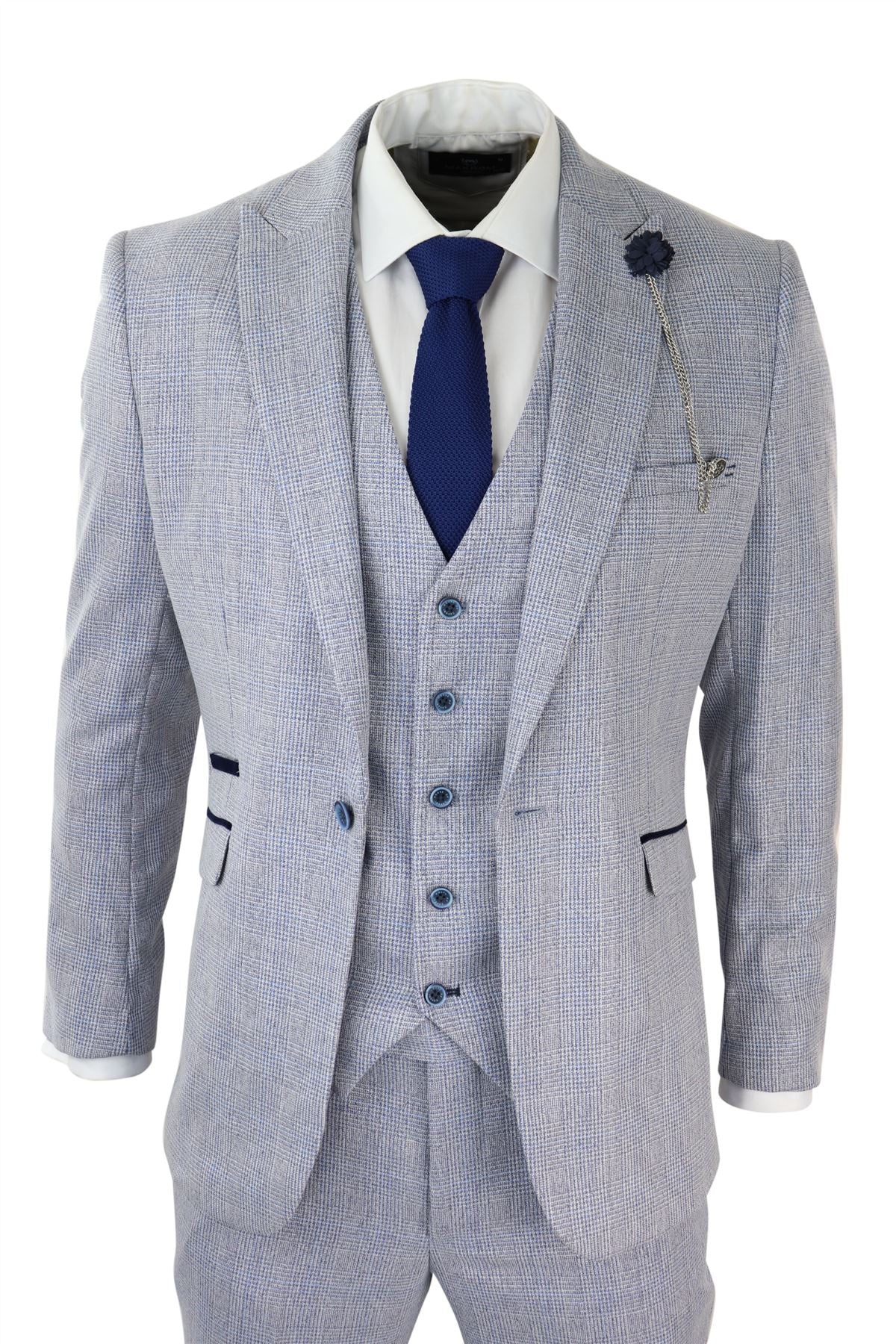 Mens 3 Piece Check Suit Tweed Light Blue Tailored Fit Wedding Peaky Classic