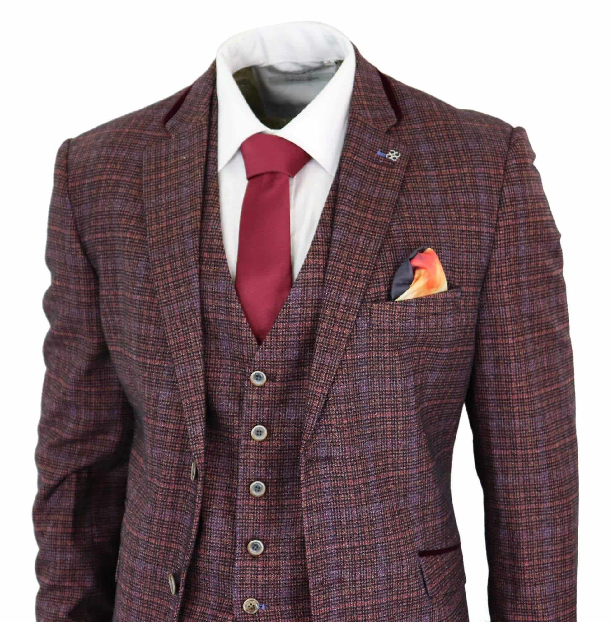 Cavani Carly - Men's 3 Piece Tweed Check Burgundy Suit