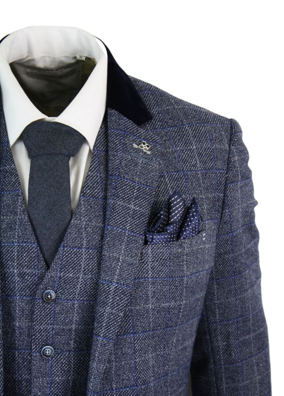 Cavani Miles - Mens Blue Navy 3 Piece Tweed Suit Herringbone Vintage Peaky Blinders 1920's Retro