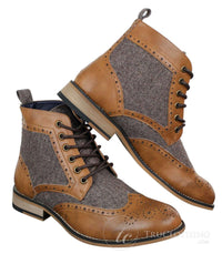 Cavani Sherlock - Mens Leather & Tweed Herringbone Ankle Boots