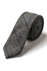 Antracietgrijze geruite tweed stropdas met zakdoek en stropdasclip - Antracietgrijze