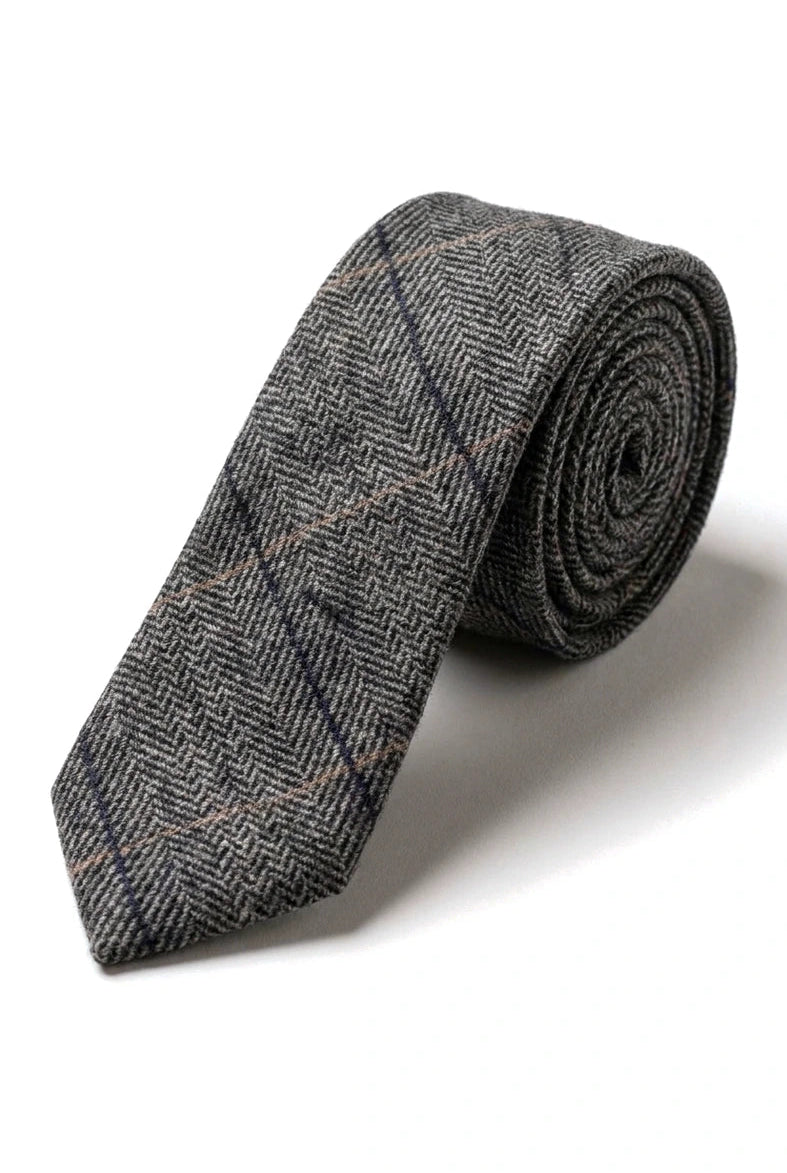 Antracietgrijze geruite tweed stropdas met zakdoek en stropdasclip - Antracietgrijze