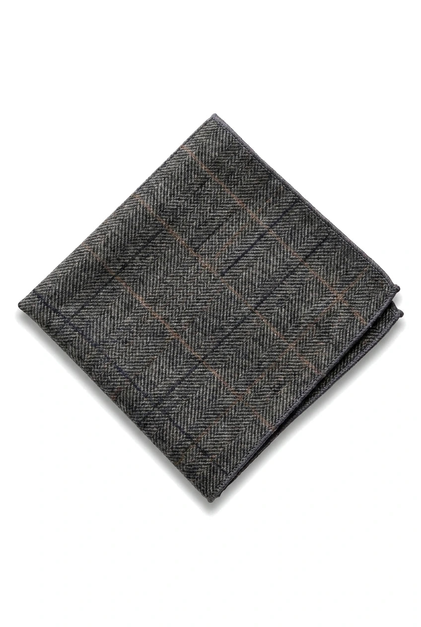 Antracietgrijze geruite tweed stropdas met zakdoek en stropdasclip - Antracietgrijze