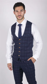 Mens Marc Darcy Blue Check Prince Of Wales 3 Piece Suit Smart Casual Slim Fit Chigwell