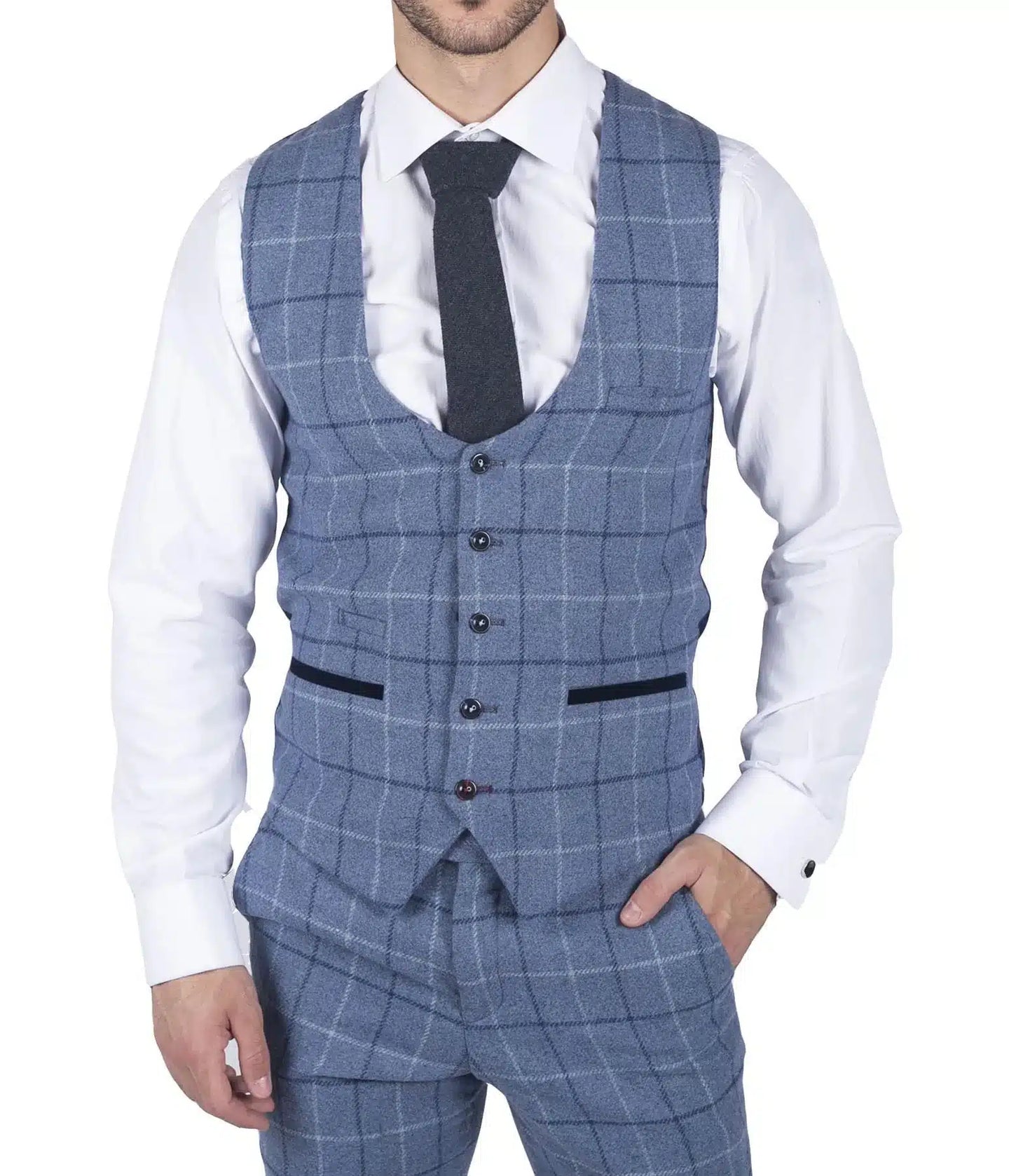 Mens Marc Darcy Light Blue Navy Check Waistcoat Smart Casual Tweed Slim Fit Clinton