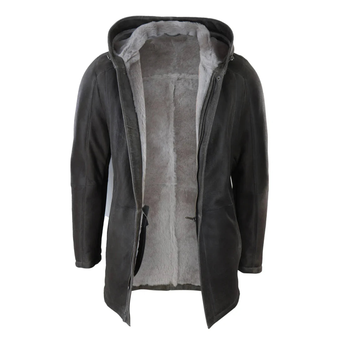 Men's 3/4 Brown Soft Sheepskin Hood Jacket 3/4 Coat Classic Warm Winter