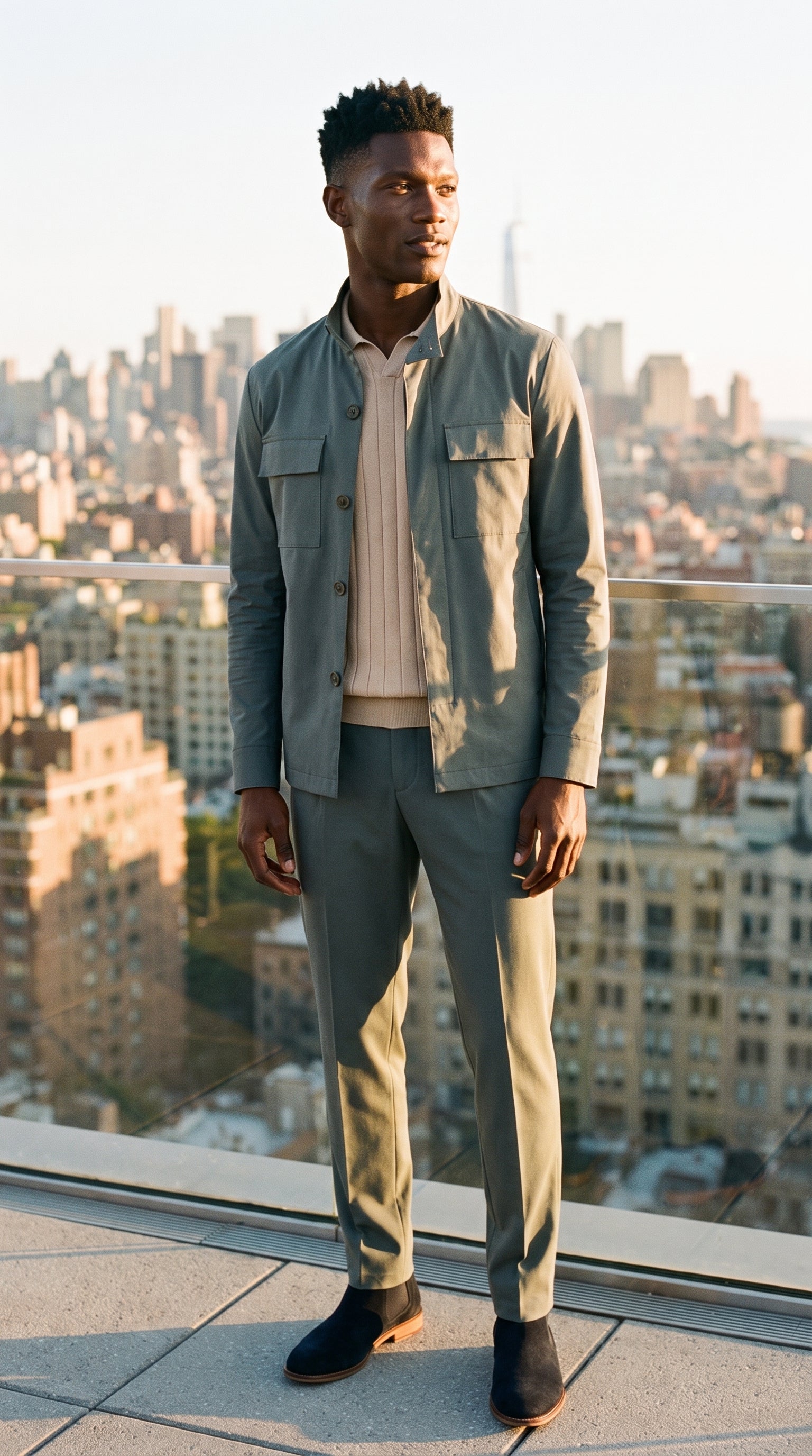 Look #404 styled with Beige geribbelde gebreide poloshirt voor heren