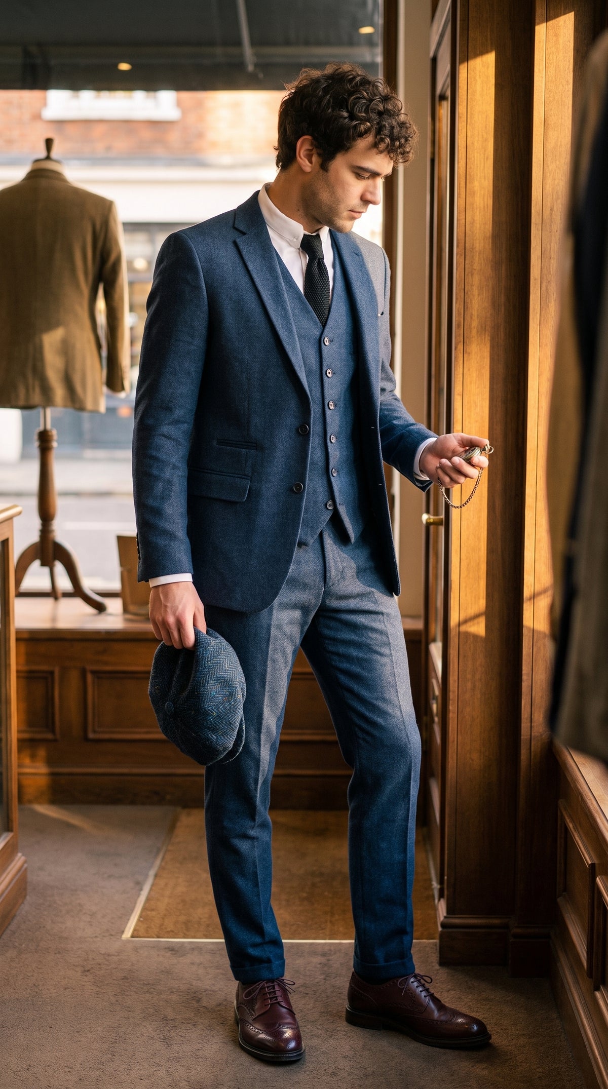 Look #828 styled with Marineblauw Peaky Blinders wollen pak voor heren