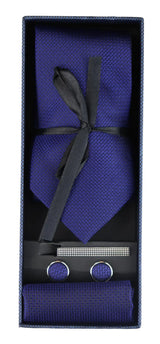 Satin Silk Textured Blue Tie Gift Set Pocket Square Cuff Links Tie Matt Satin
