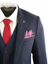 Men's 3 Piece Navy-Blue Slim Fit Suit with Wine Trim