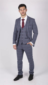 Mens Marc Darcy Blue Grey Red Check 3 Piece Suit Smart Casual Tweed Slim Fit Drake