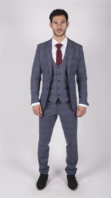 Mens Marc Darcy Blue Grey Red Check 3 Piece Suit Smart Casual Tweed Slim Fit Drake