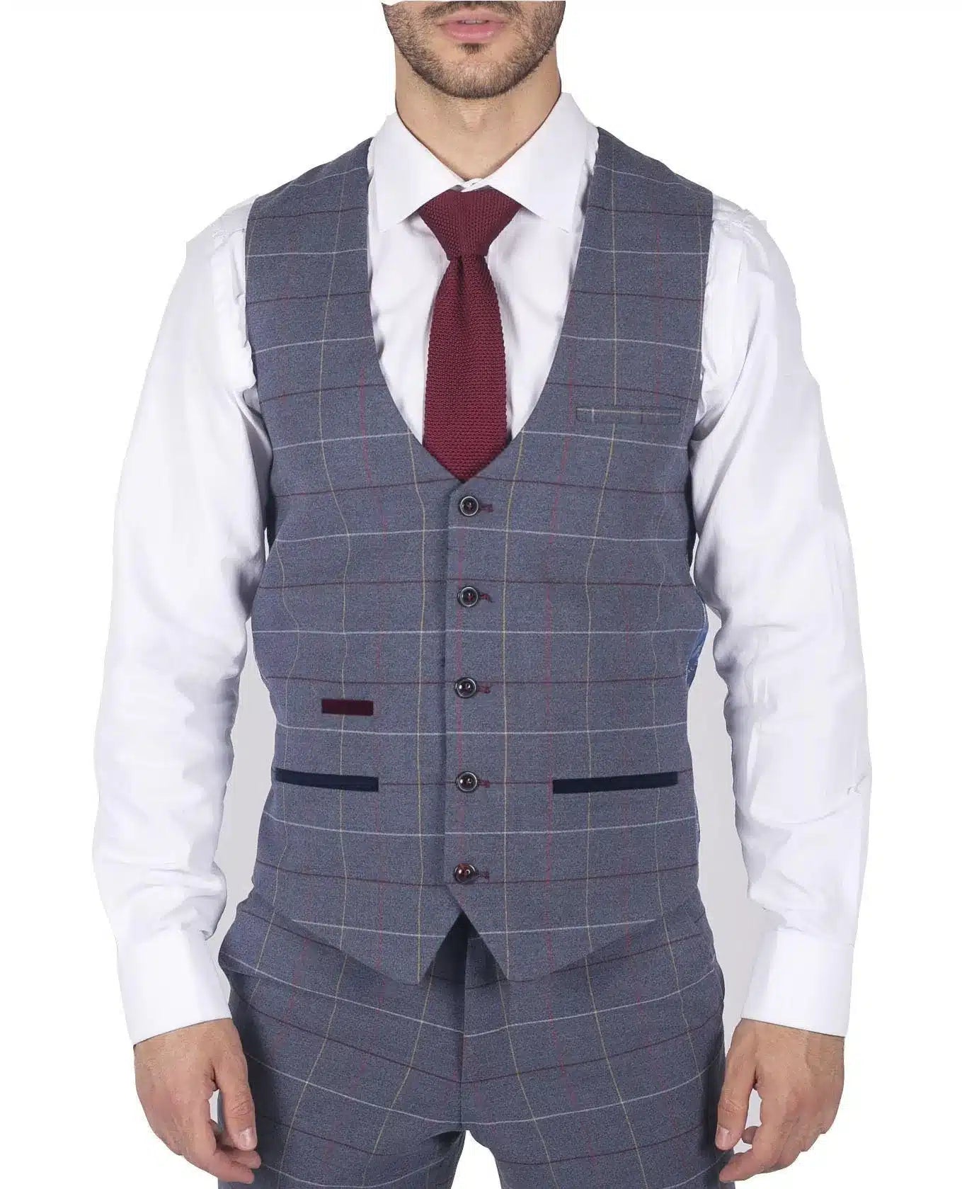 Mens Marc Darcy Blue Grey Red Check Waistcoat Smart Casual Tweed Slim Fit Drake