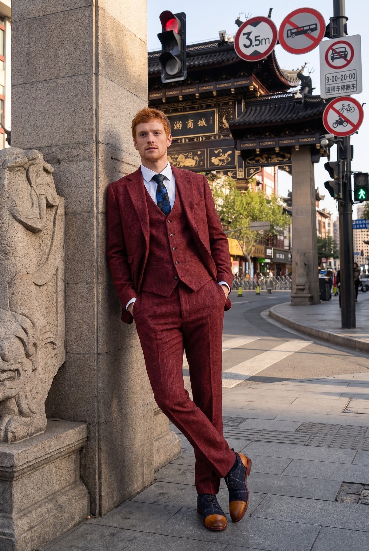 Look #271 styled with Heren visgraat wijnrood 3-delig tweed pak - STZ11
