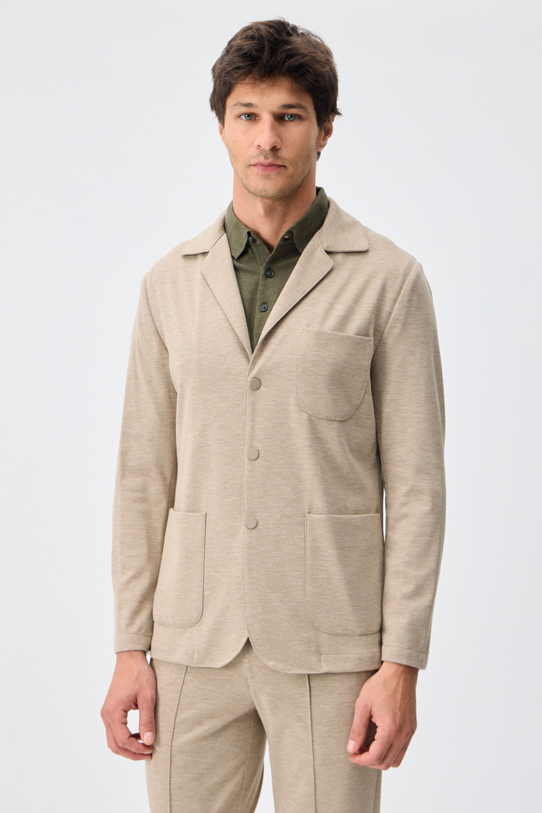 Beige herenblazer van zachte jersey, smart casual model