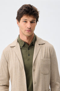 Beige zacht jersey smart casual pak voor heren: blazer en broek.