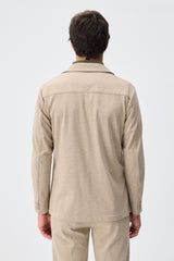 Beige zacht jersey smart casual pak voor heren: blazer en broek.