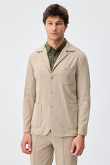 Beige zacht jersey smart casual pak voor heren: blazer en broek.