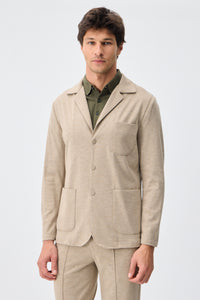 Beige zacht jersey smart casual pak voor heren: blazer en broek.