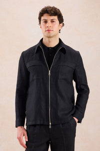 Herenpak van zwart linnen, smart casual, 2-delig, met ritssluiting aan de voorkant, safari-stijl, zomer