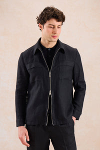 Herenpak van zwart linnen, smart casual, 2-delig, met ritssluiting aan de voorkant, safari-stijl, zomer