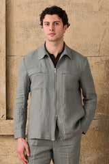 Saliegroen linnen smart casual tweedelig pak voor heren, met ritssluiting aan de voorkant, safari-stijl, zomer