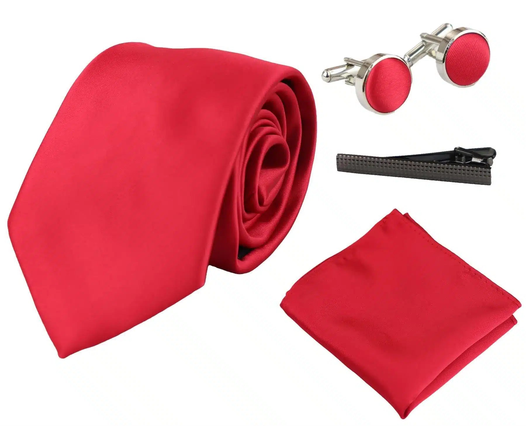 Satin Silk Red Tie Gift Set Pocket Square Cuff Links Tie Shiny Satin