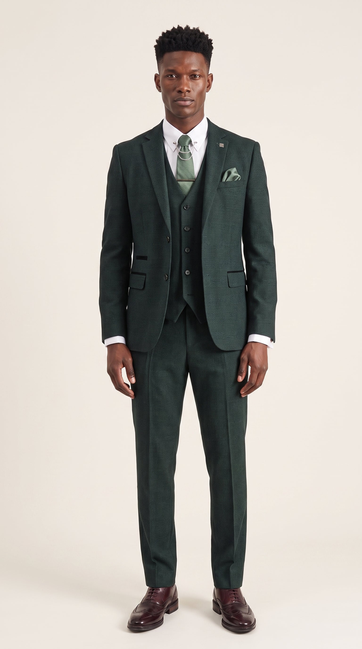 Look #204 styled with Regent - Heren groen 3-delig Prince of Wales geruit pak