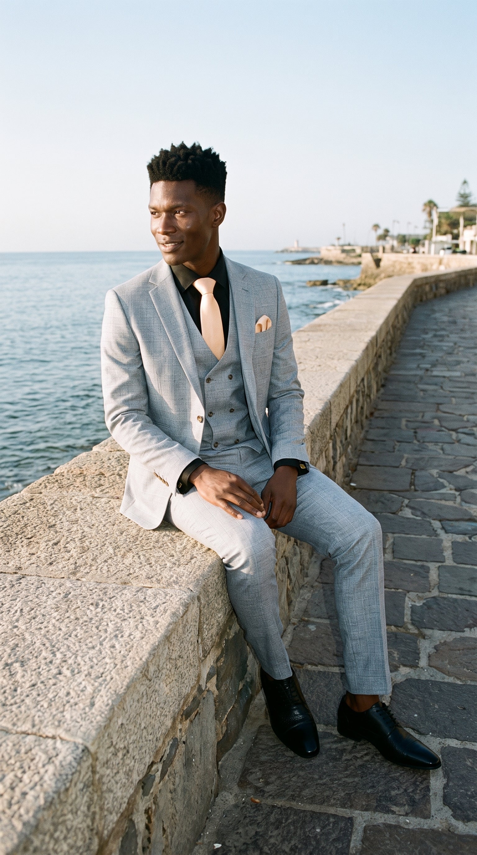 Look #493 styled with Luis - Lichtblauw geruit 3-delig herenpak met slim fit
