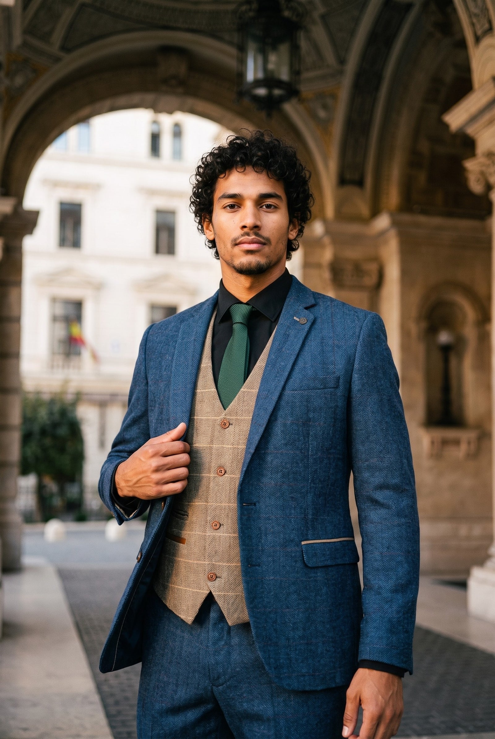 Look #984 styled with Marc Darcy Dion - Heren Blauw Bruin Driedelig Visgraat Tweed Geruit Vintage Tailored Fit Pak